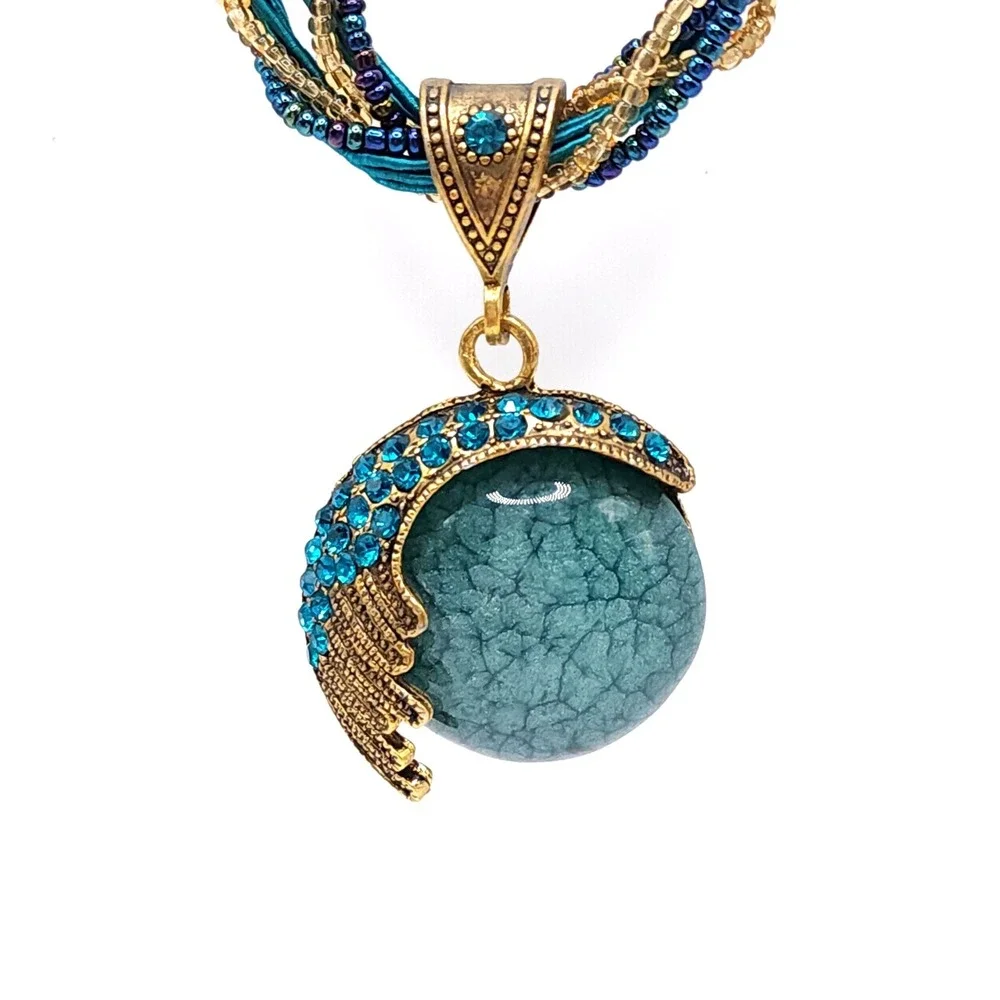 Turquoise Cord Necklace Blue Orb Pendant Crystal Crescent Statement Coastal Glam